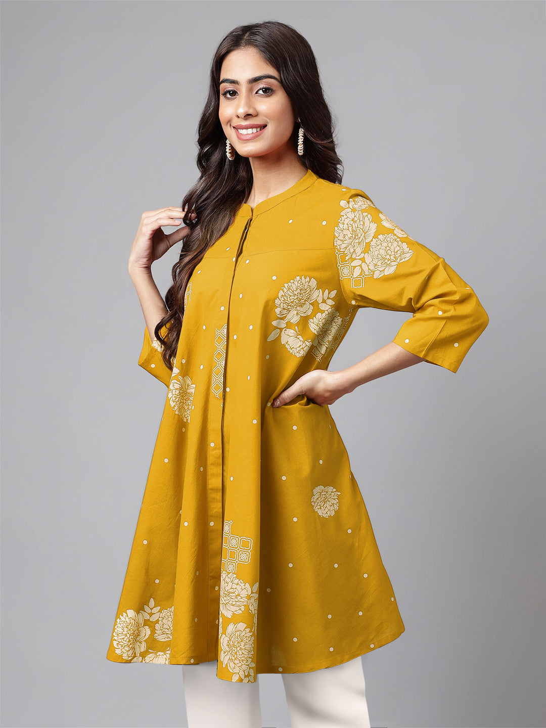Mustard Pure Cotton Floral Printed Flared Tunic - qivii