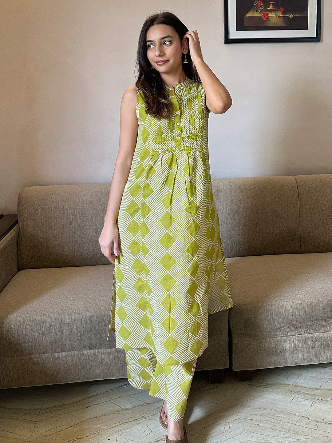 Lime Green Pure Cotton Geometric Printed A-line Kurta Pant Set - qivii