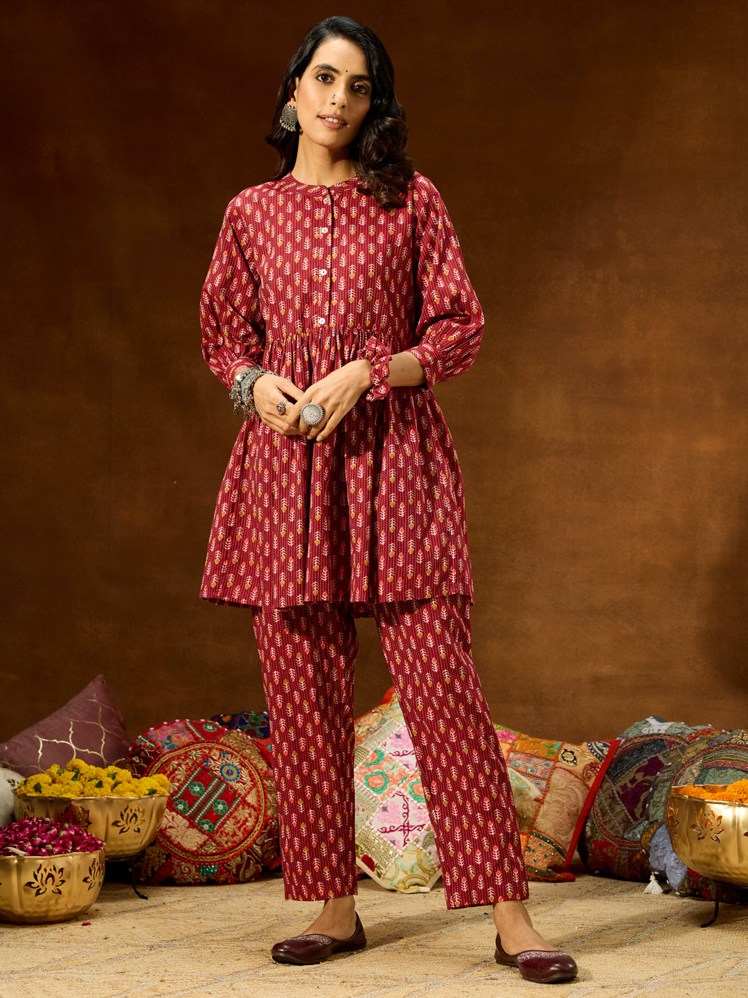 Janasya Women's Maroon Pure Cotton Ethnic Motifs Printed Peplum Co-ord Set - qivii