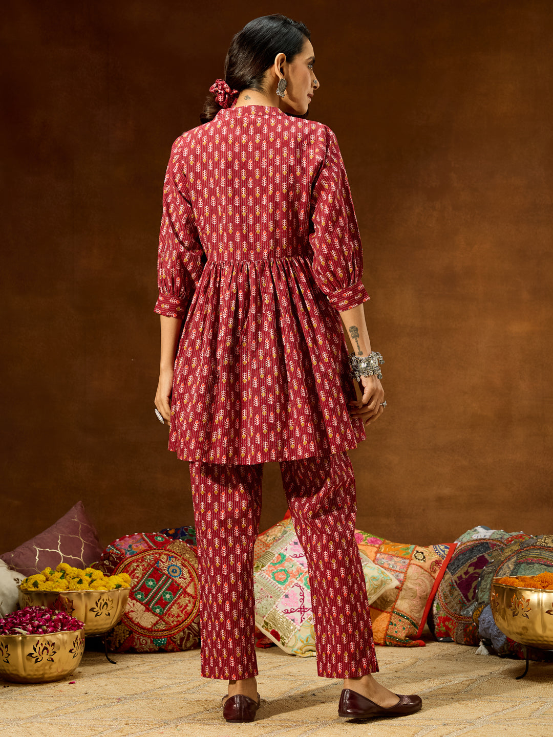 Janasya Women's Maroon Pure Cotton Ethnic Motifs Printed Peplum Co-ord Set - qivii