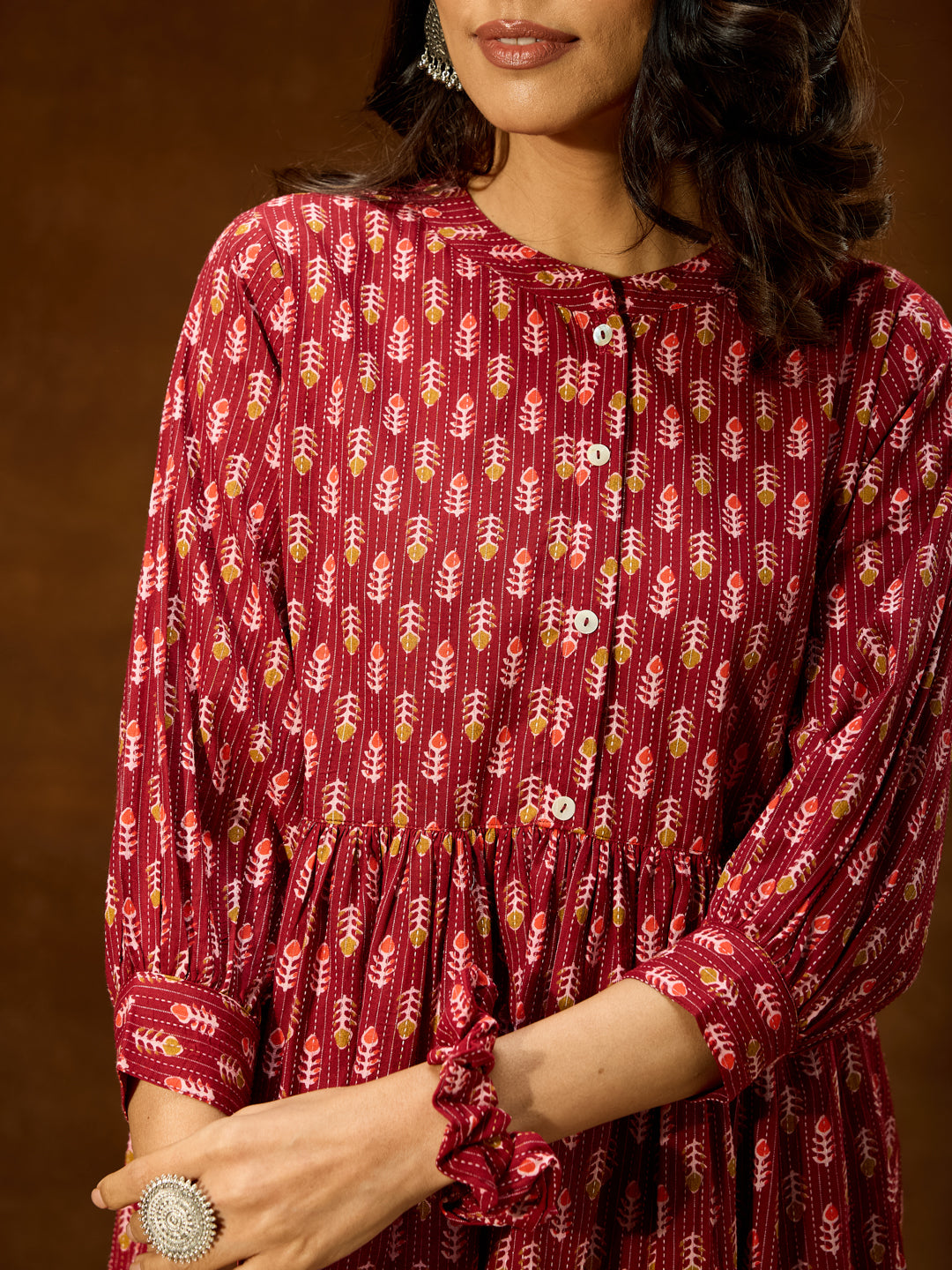 Janasya Women's Maroon Pure Cotton Ethnic Motifs Printed Peplum Co-ord Set - qivii