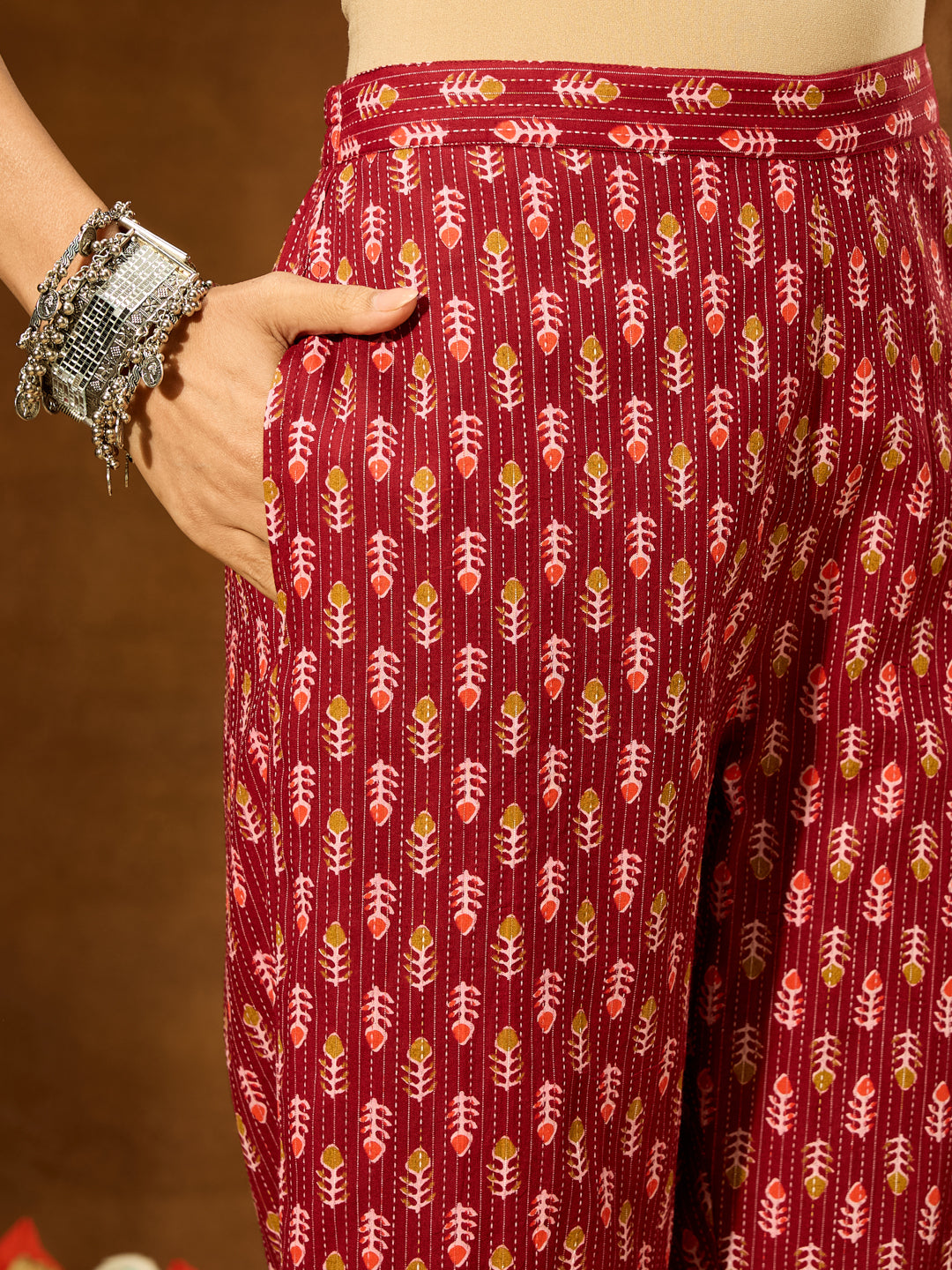 Janasya Women's Maroon Pure Cotton Ethnic Motifs Printed Peplum Co-ord Set - qivii