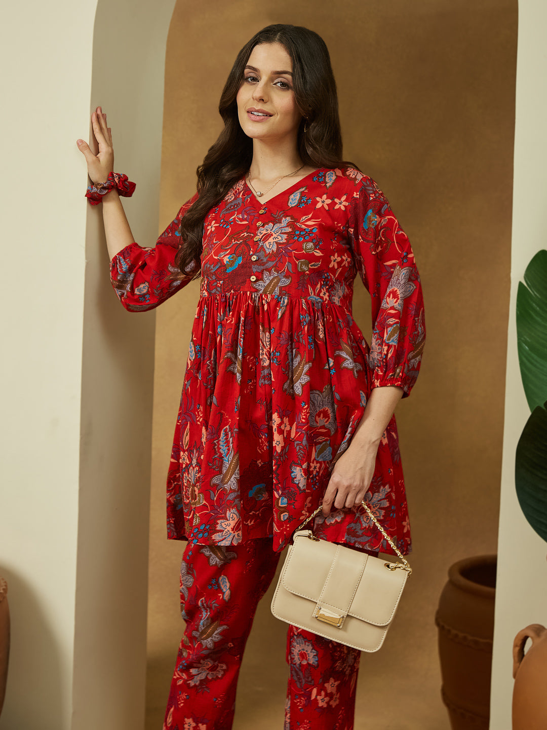 Janasya Women's Red Pure Cotton Floral Printed Peplum Co-ord Set - qivii