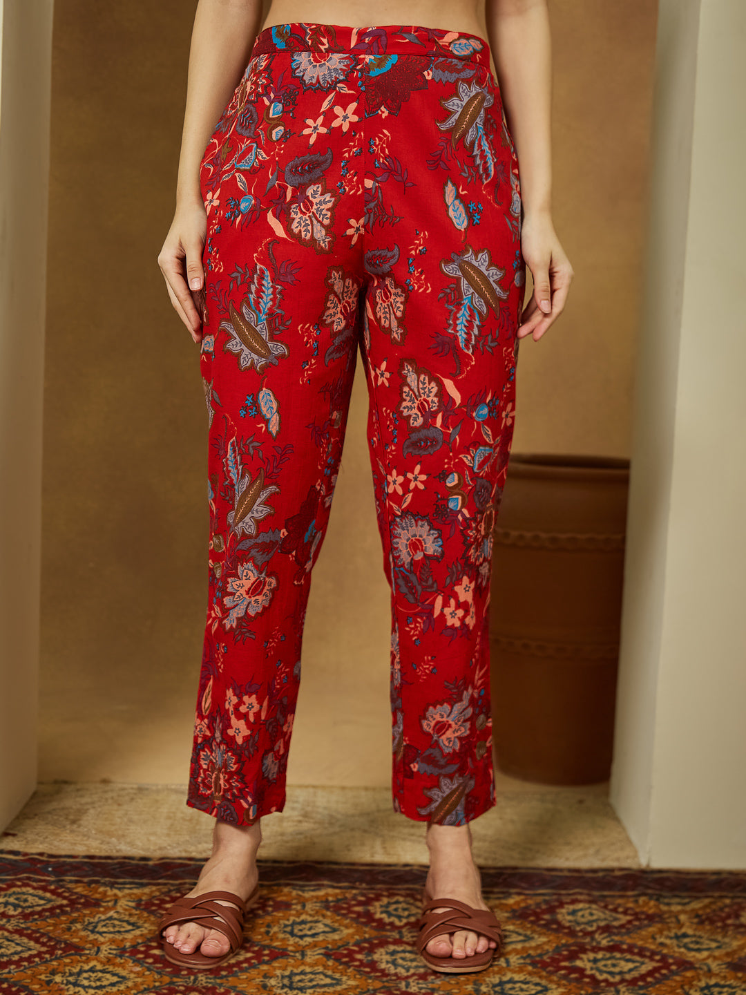 Janasya Women's Red Pure Cotton Floral Printed Peplum Co-ord Set - qivii