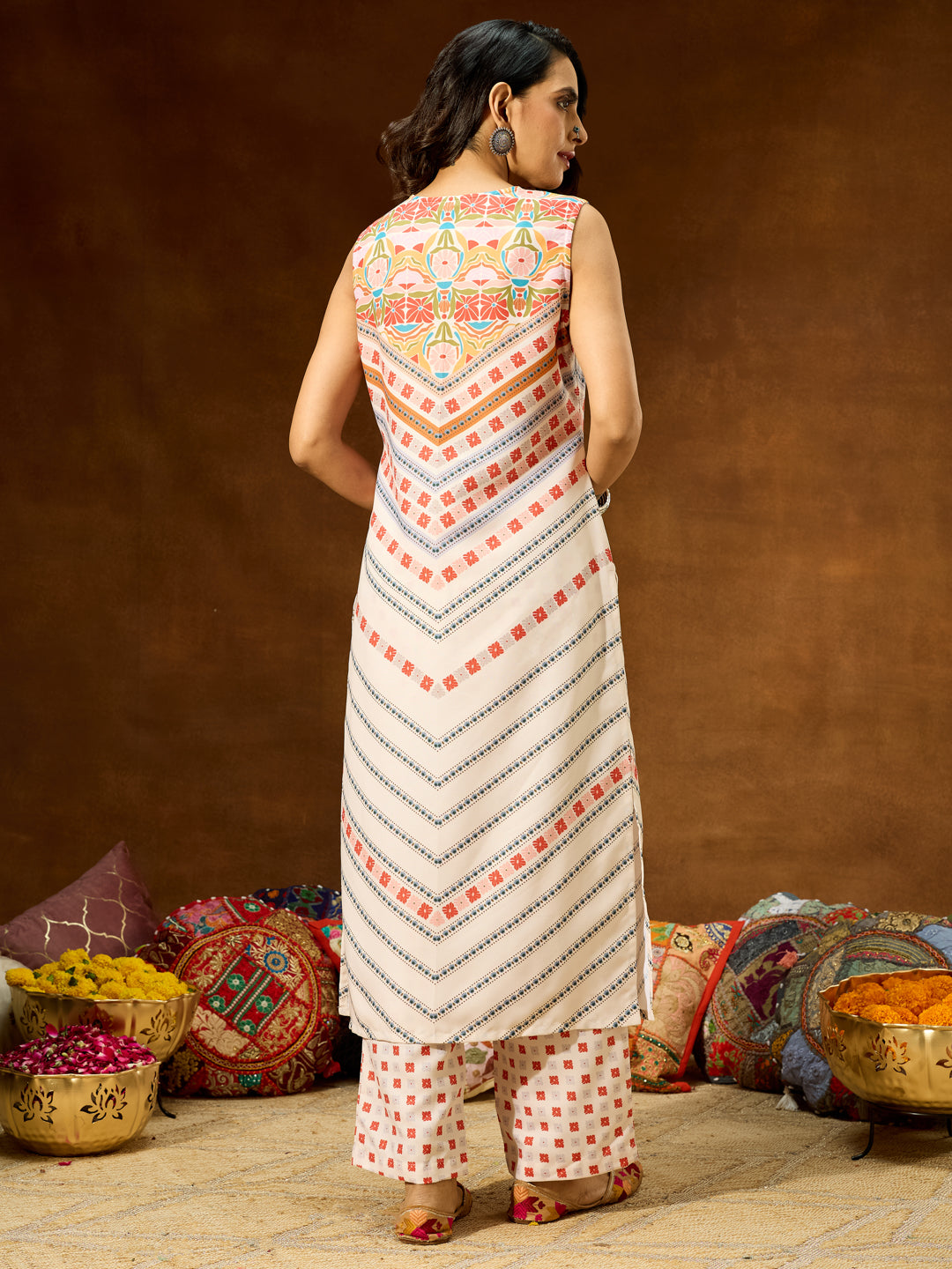 Janasya Women's Cream Cotton Blend Floral Printed Straight Co-ord Set