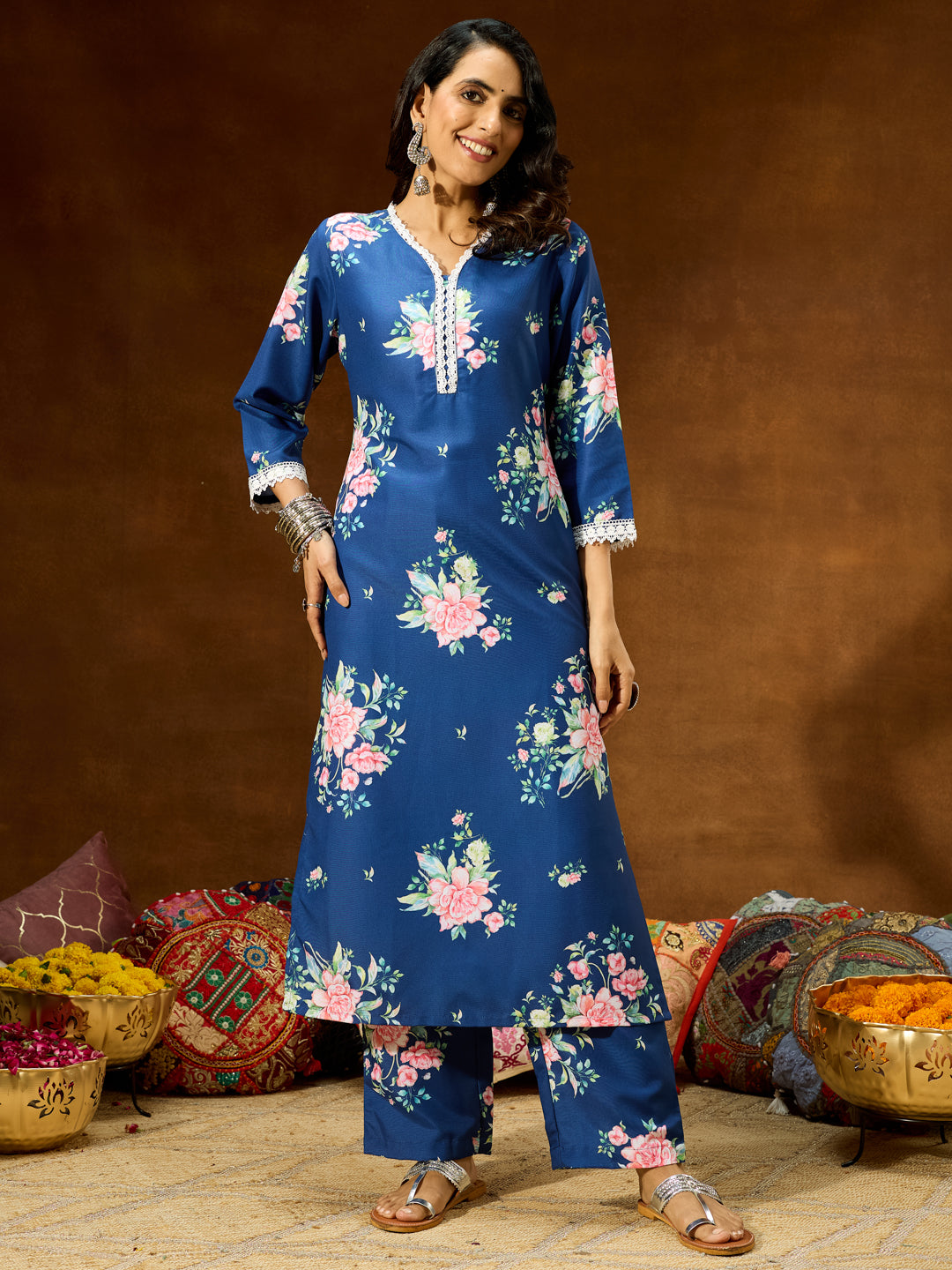 Janasya Women's Blue Cotton Blend Floral Printed Straight Co-ord Set