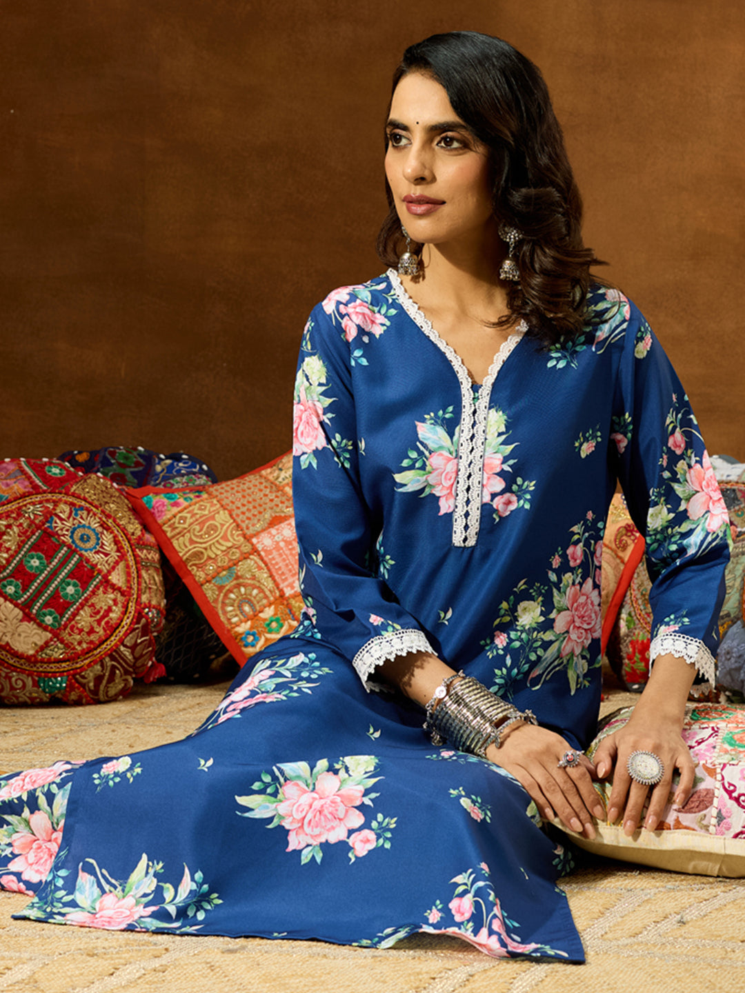 Janasya Women's Blue Cotton Blend Floral Printed Straight Co-ord Set