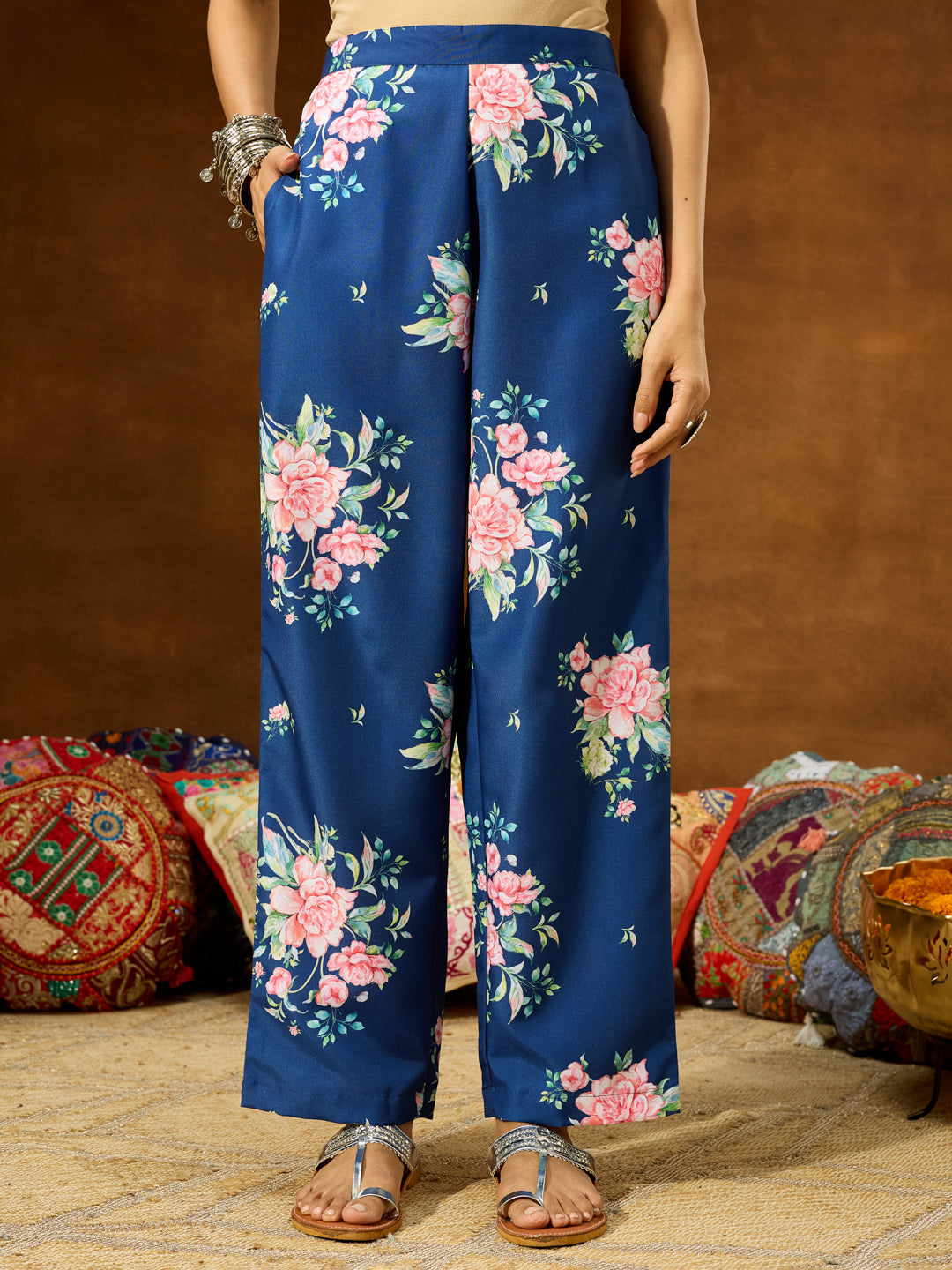 Janasya Women's Blue Cotton Blend Floral Printed Straight Co-ord Set