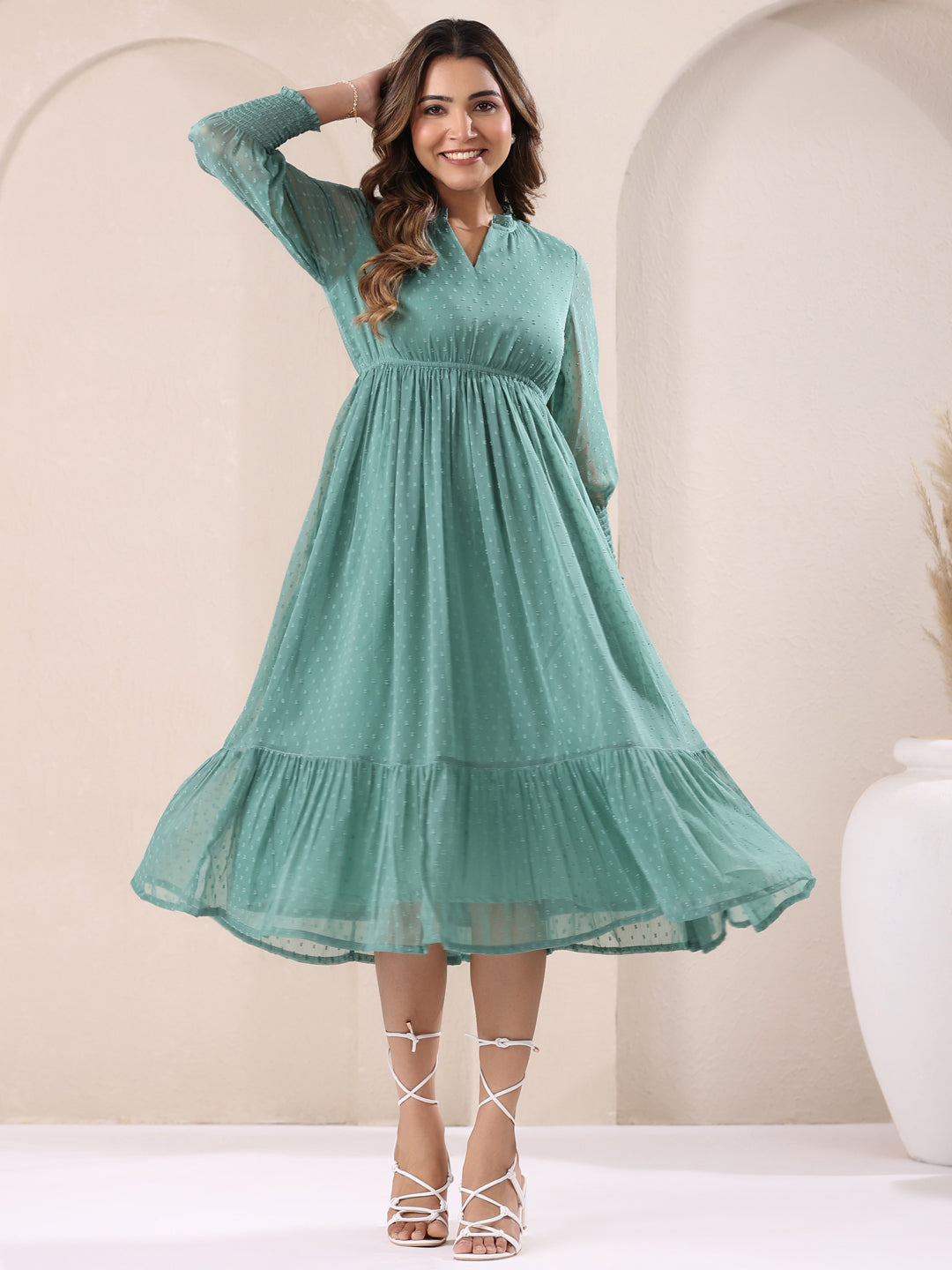 Sage Green Dobby Chiffon Self Design Fit & Flare Dress - qivii