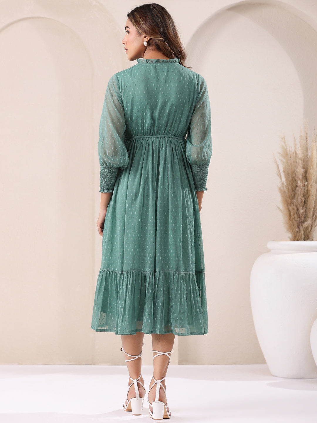 Sage Green Dobby Chiffon Self Design Fit & Flare Dress - qivii