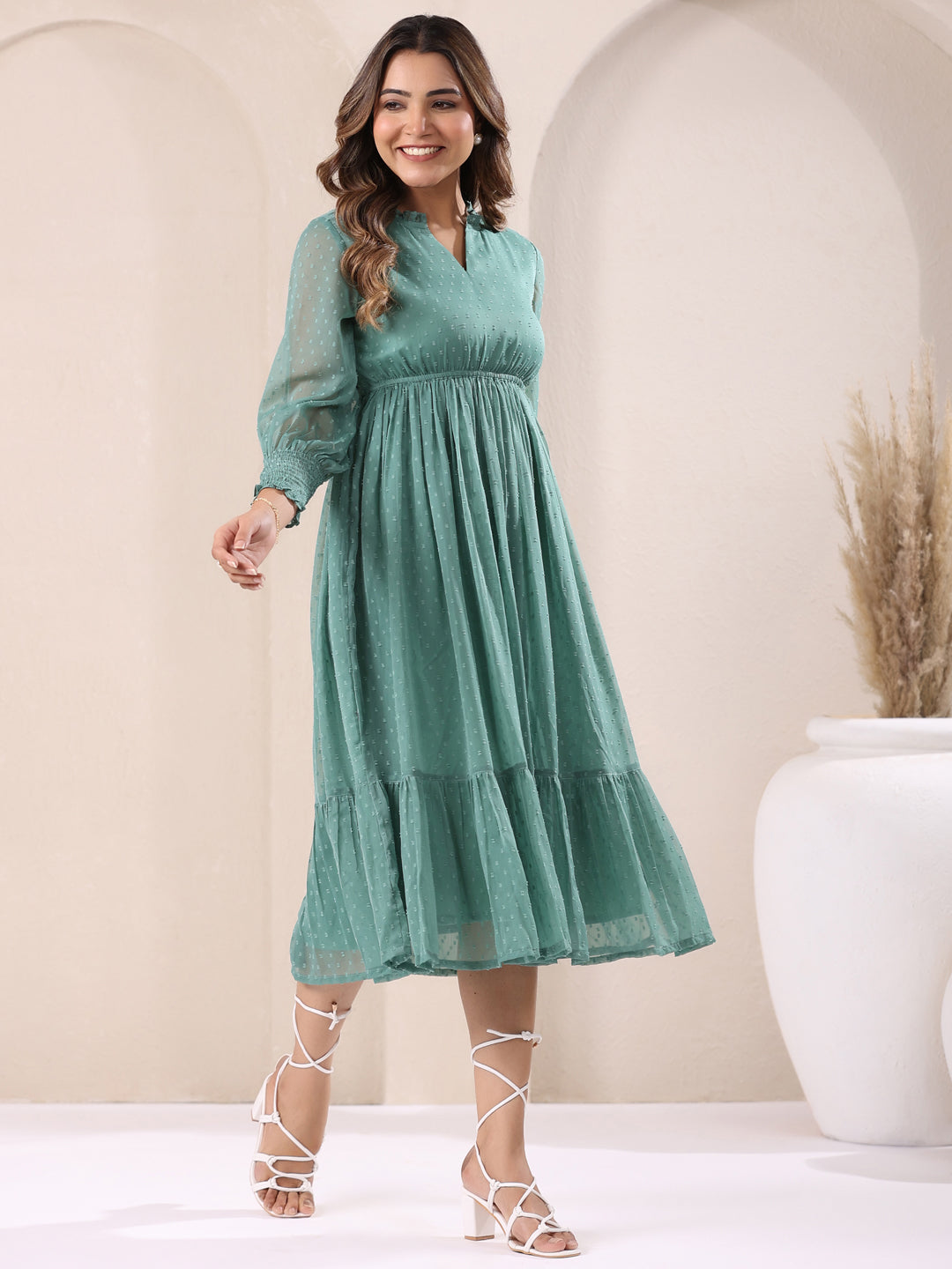 Sage Green Dobby Chiffon Self Design Fit & Flare Dress - qivii