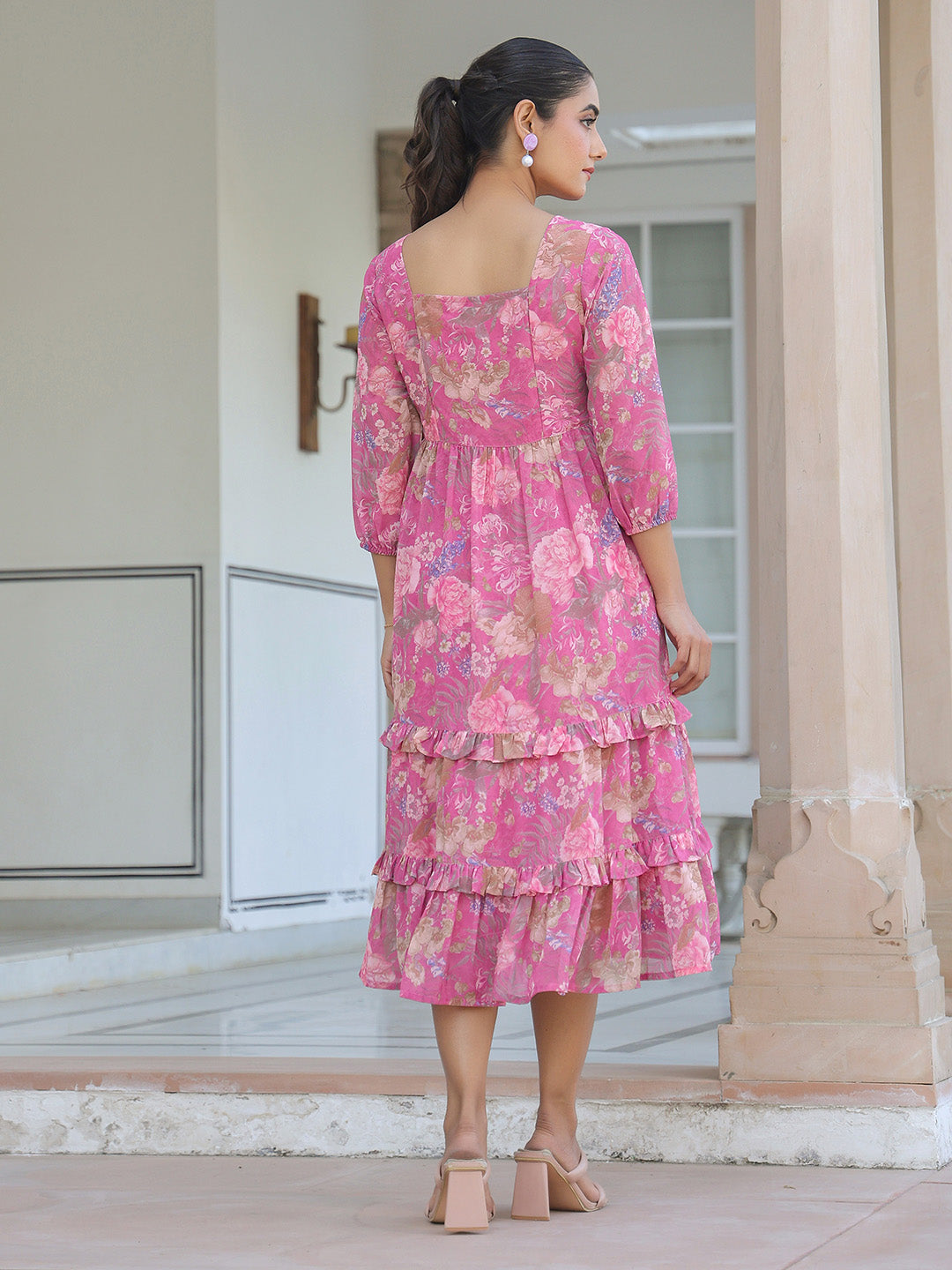 Pink Georgette Floral Printed Tiered Dress - qivii