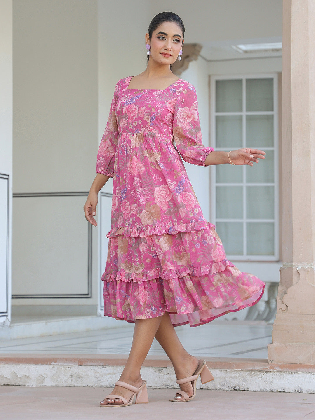 Pink Georgette Floral Printed Tiered Dress - qivii