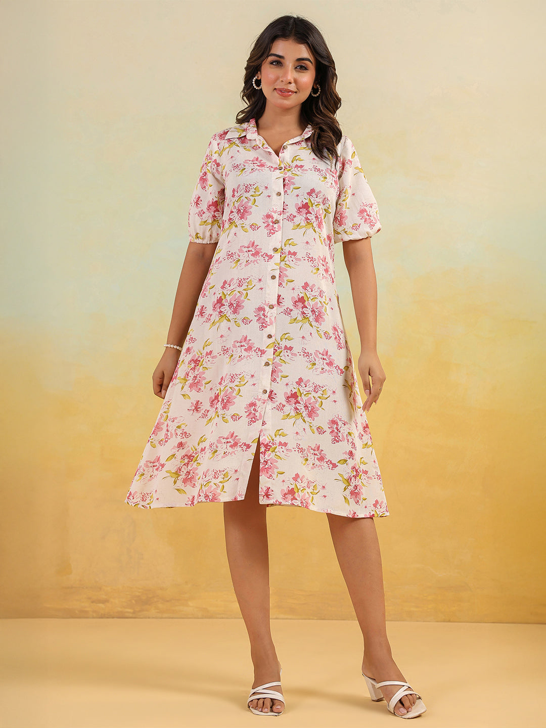 Janasya Women's Off White Linen Cotton Floral Printed A-line Button Down Shirt Dress - qivii