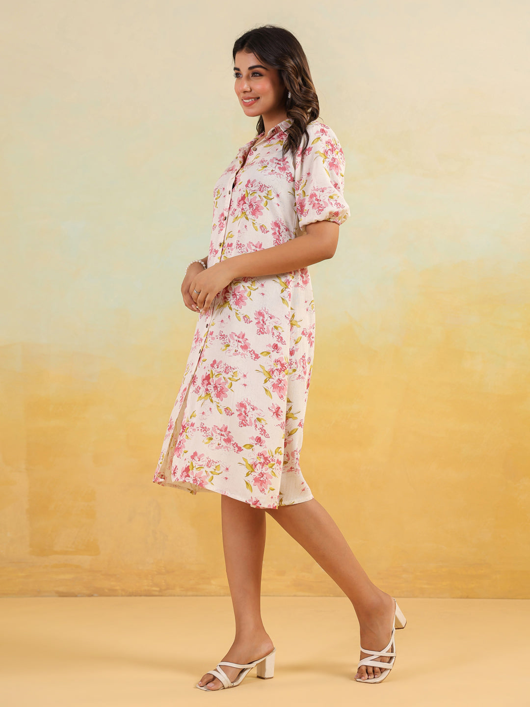 Janasya Women's Off White Linen Cotton Floral Printed A-line Button Down Shirt Dress - qivii