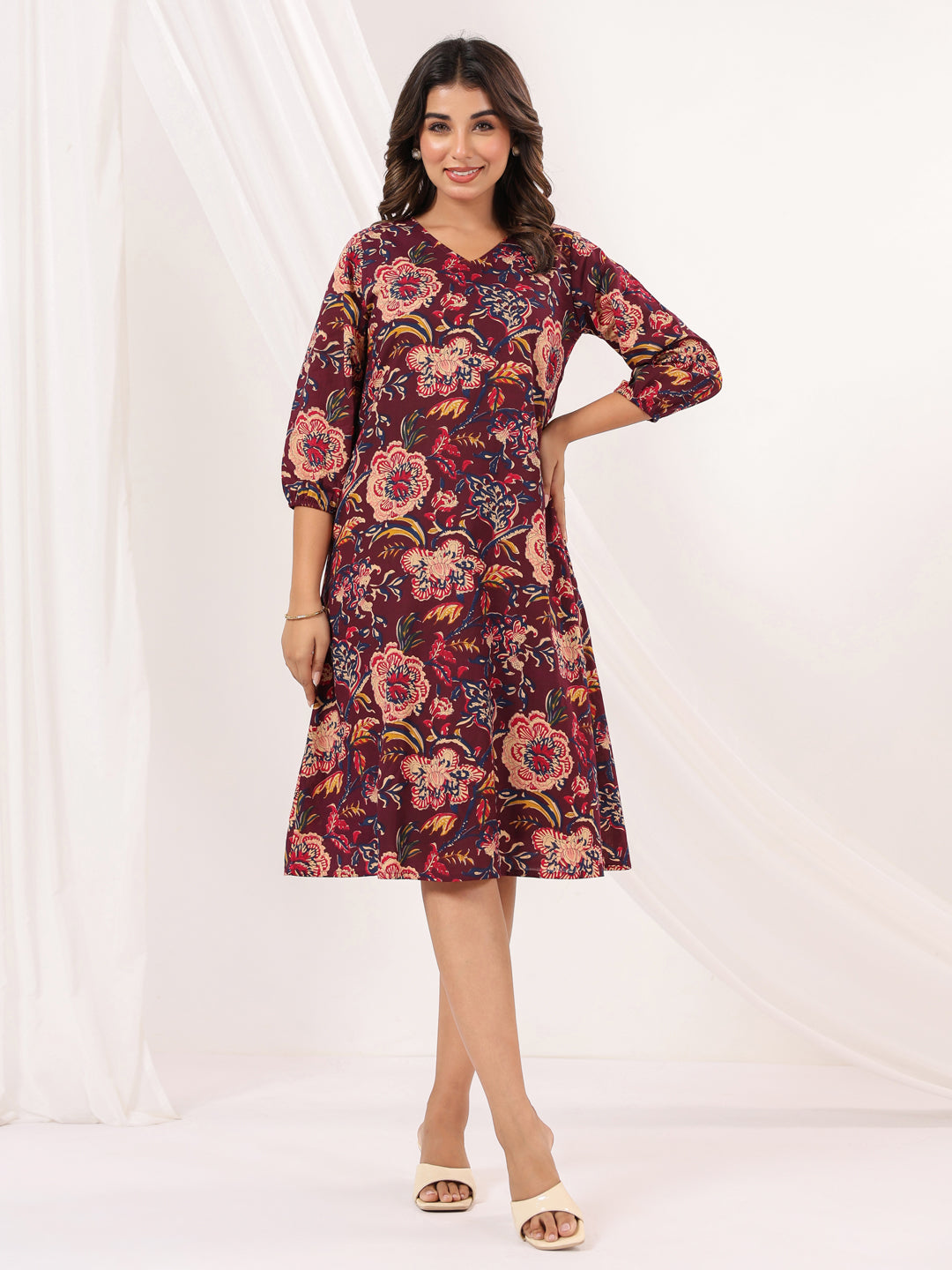 Janasya Women's Wine Pure Cotton Floral Peinted A-line Dress - qivii