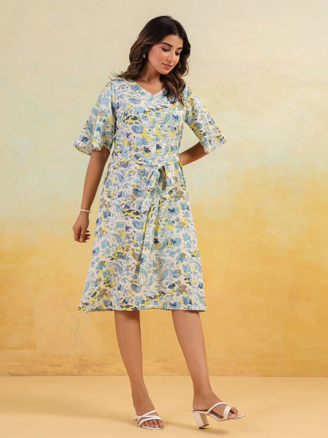 Janasya Women's Off White Linen Cotton Floral Printed A-line Dress - qivii