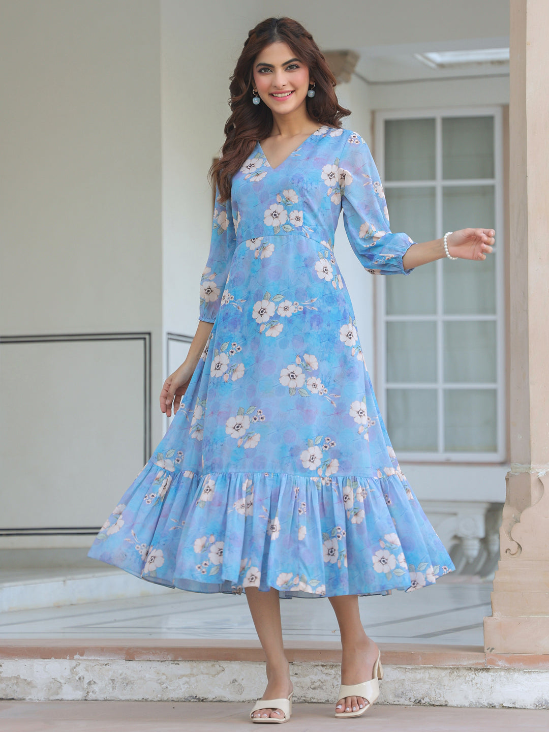 Blue Georgette Floral Printed A-line Dress - qivii