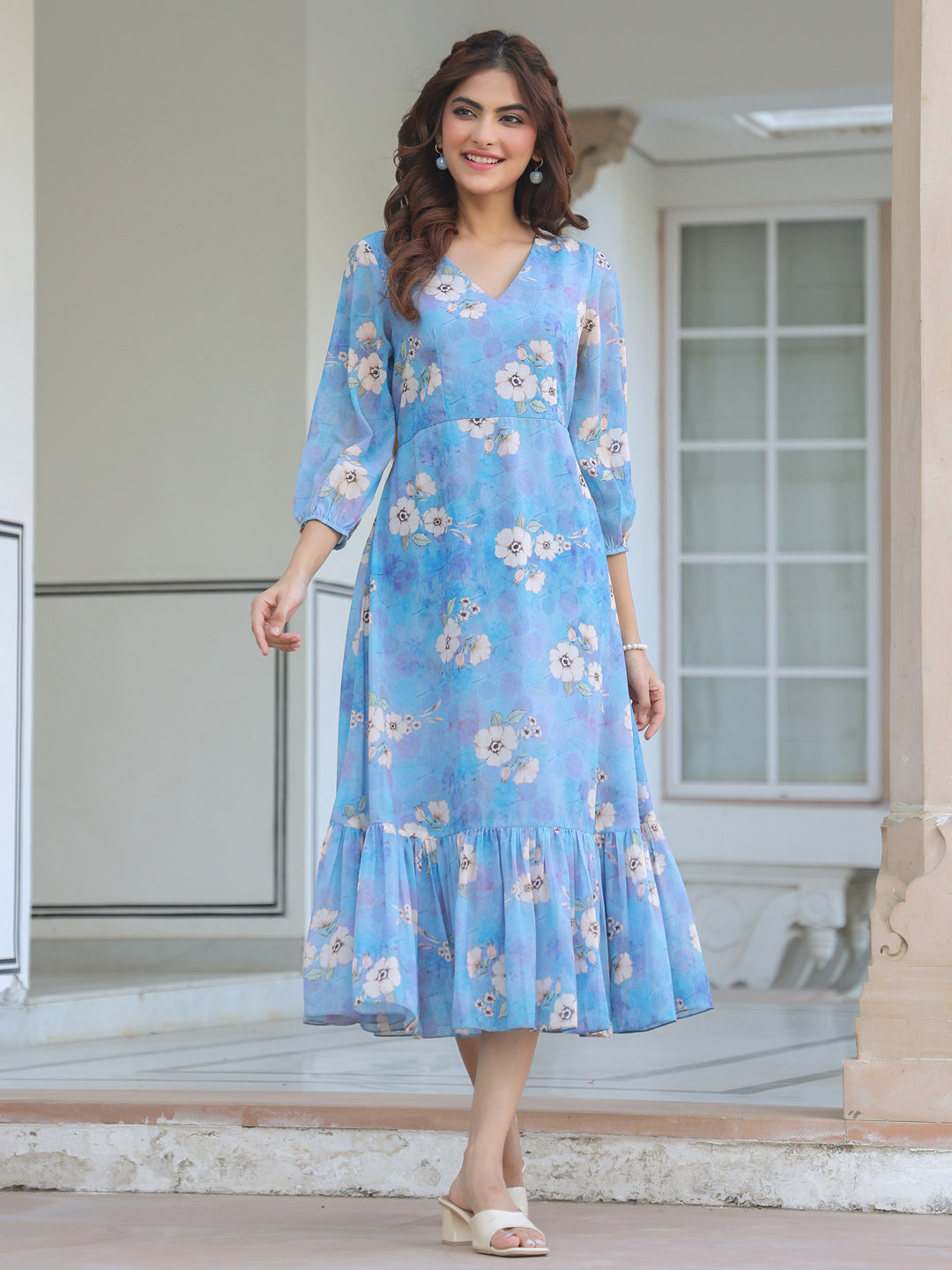 Blue Georgette Floral Printed A-line Dress - qivii