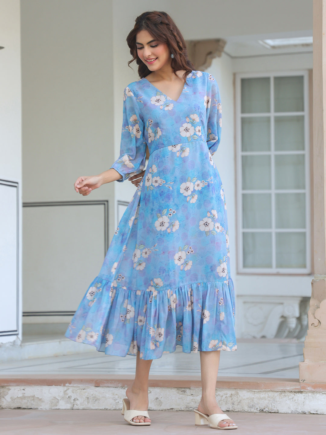 Blue Georgette Floral Printed A-line Dress - qivii