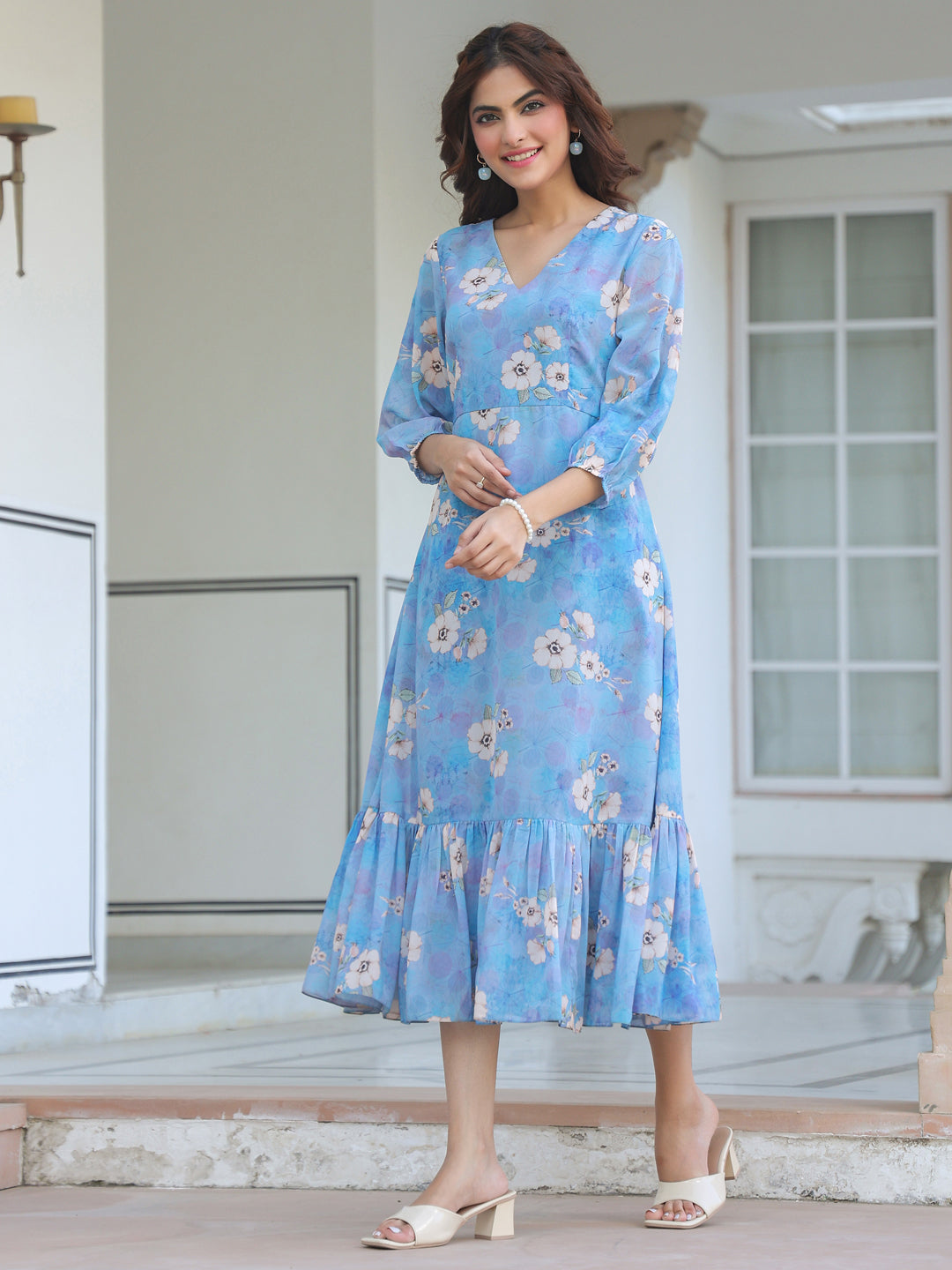 Blue Georgette Floral Printed A-line Dress - qivii