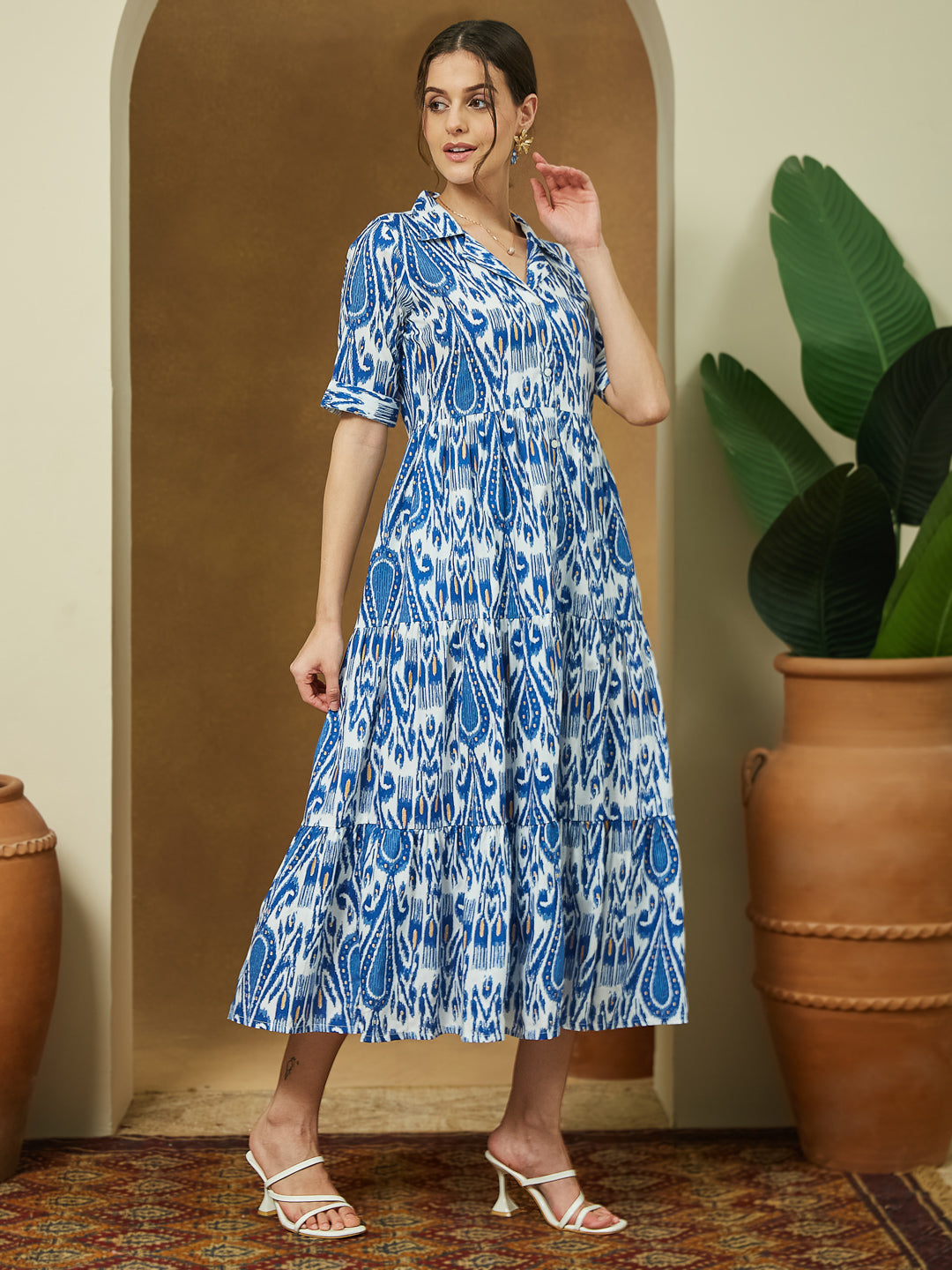 Janasya Women's Indigo Blue Linen Cotton Ikkat Printed Tiered Dress - qivii