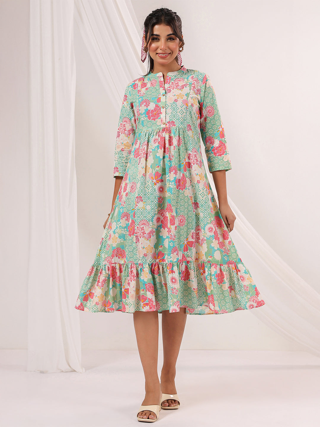 Janasya Women's Mint Green Pure Cotton Floral Printed A-line Dress - qivii