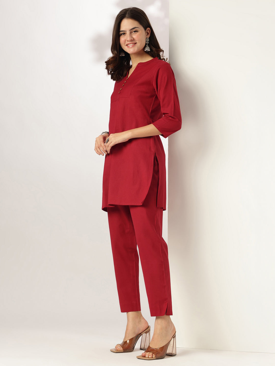 Maroon Cotton Solid A-line Co-ord Set - qivii