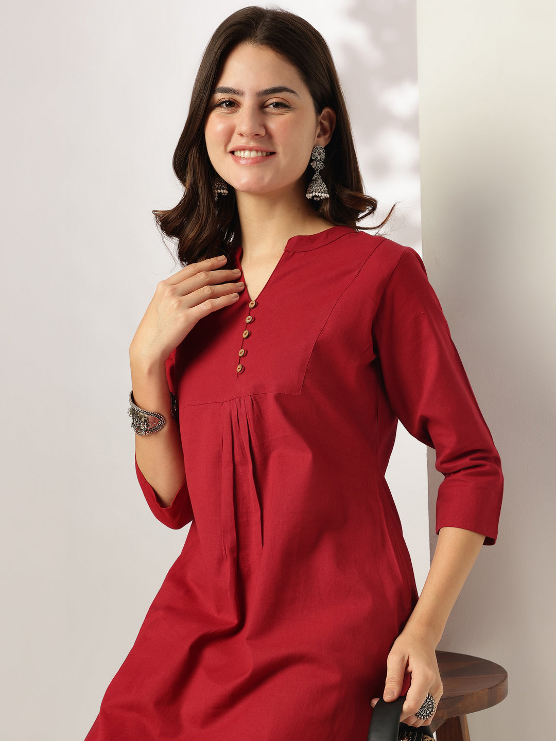 Maroon Cotton Solid A-line Co-ord Set - qivii