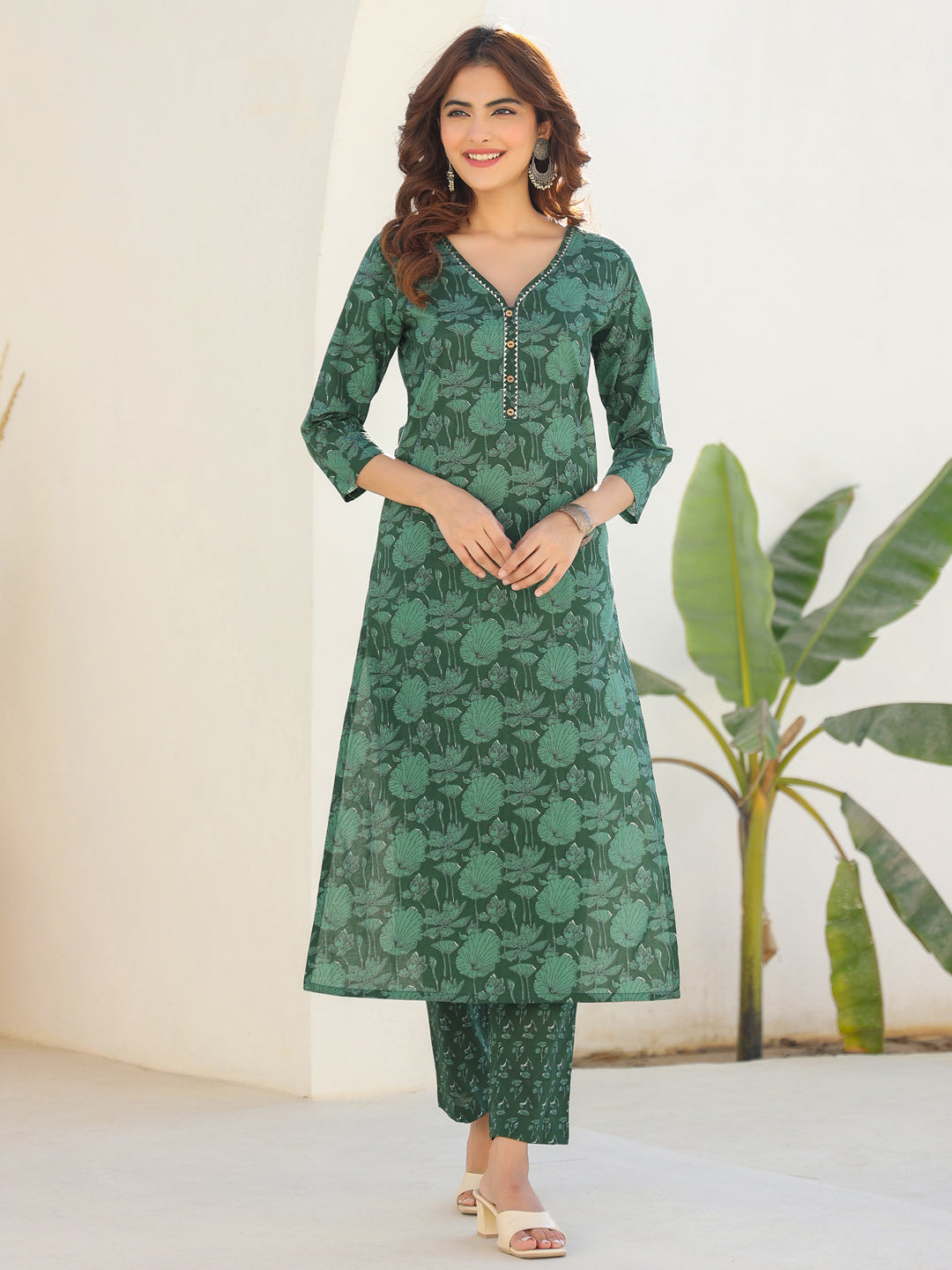 Dark Green Pure Cotton Floral Printed Straight Kurta Pant Set - qivii