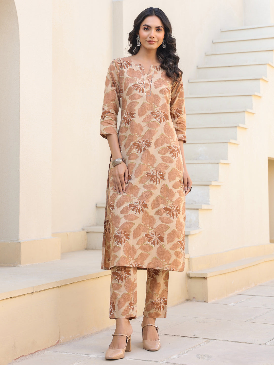 Beige Pure Cotton Floral Printed Straight Kurta Pant Set - qivii