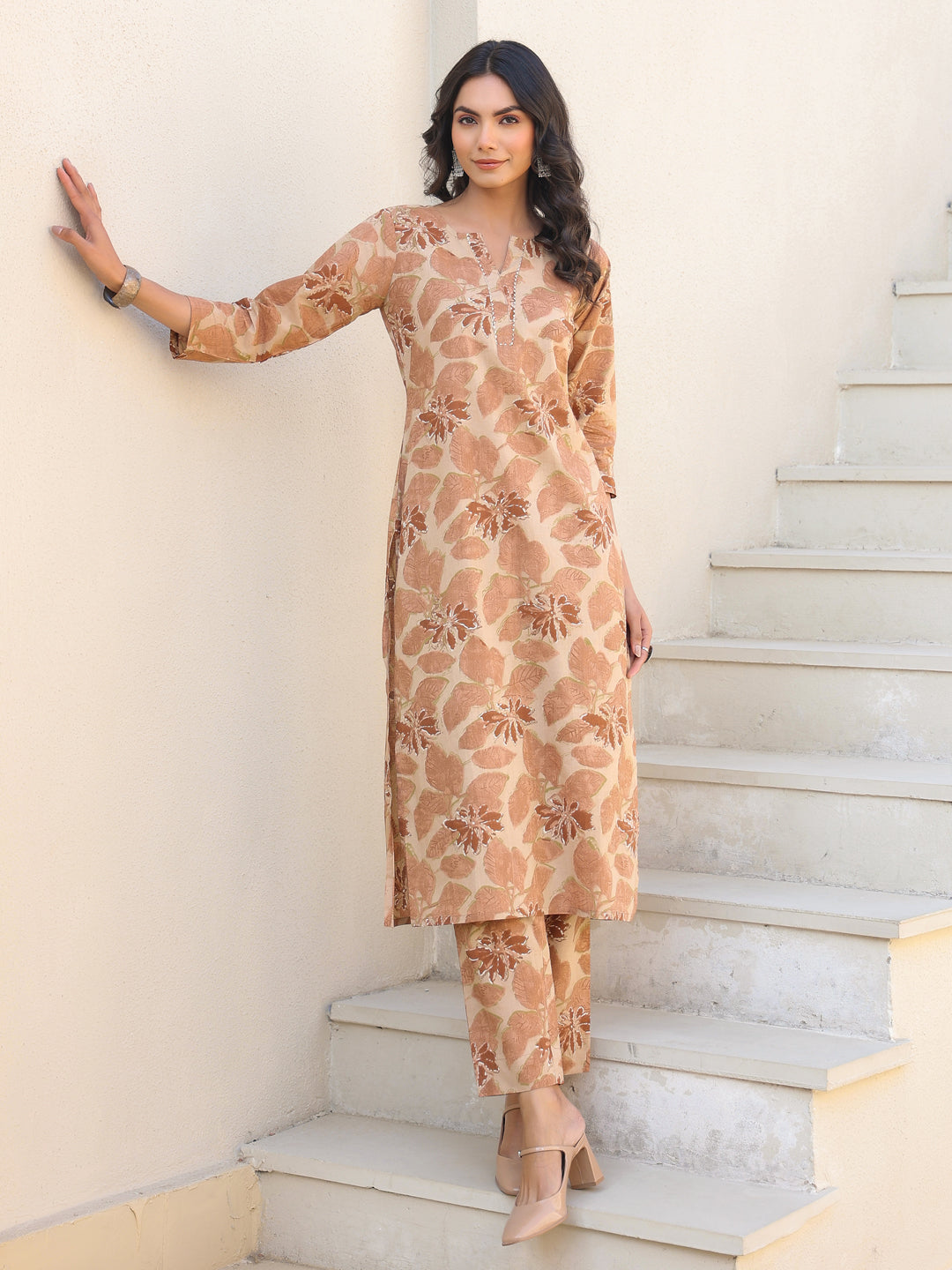 Beige Pure Cotton Floral Printed Straight Kurta Pant Set - qivii