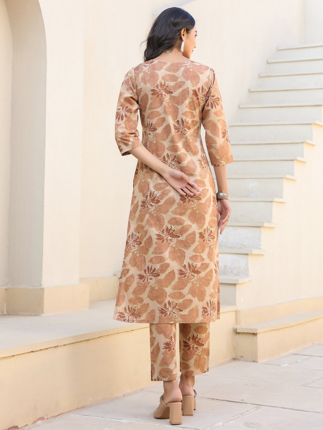 Beige Pure Cotton Floral Printed Straight Kurta Pant Set - qivii
