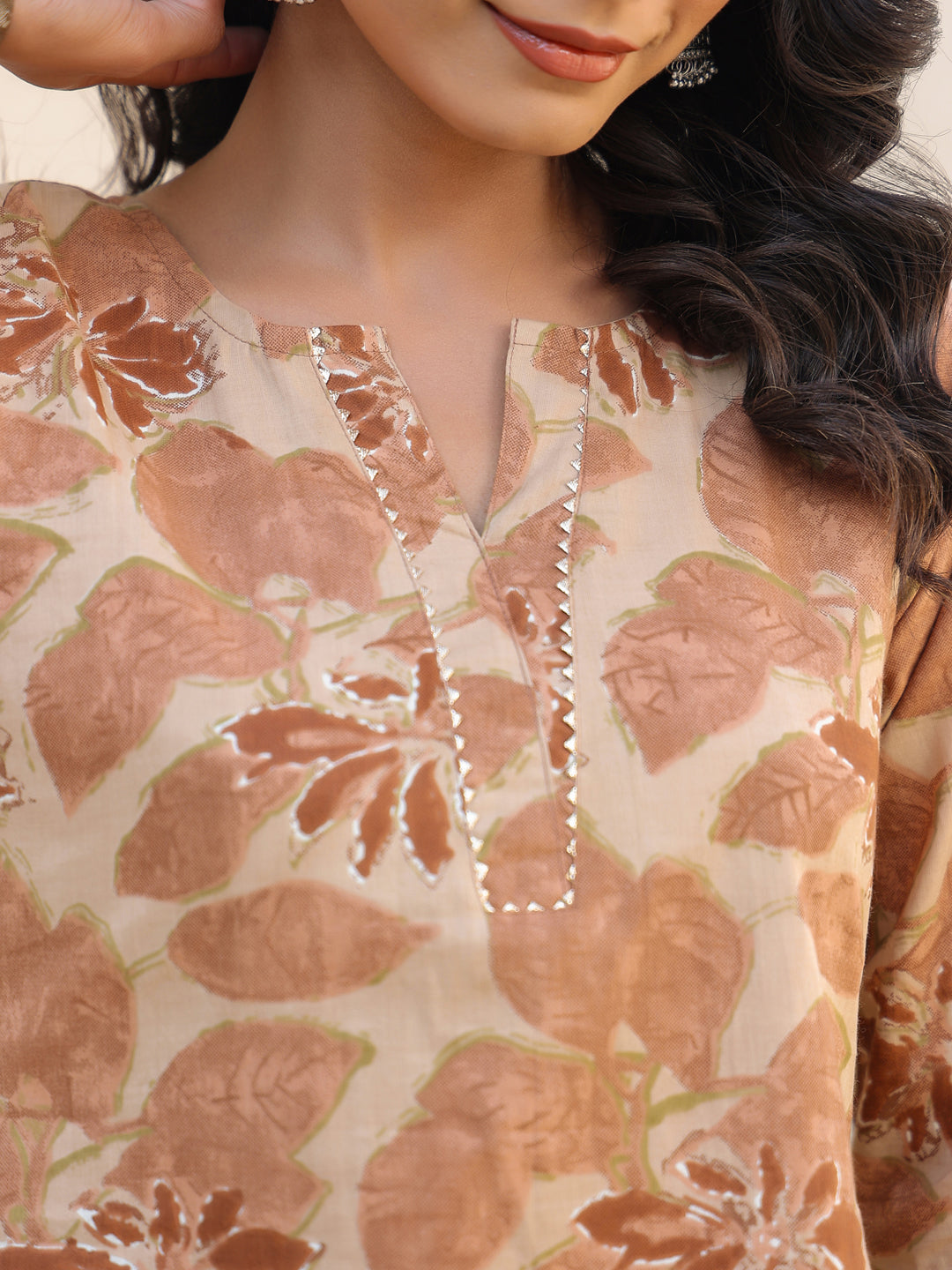 Beige Pure Cotton Floral Printed Straight Kurta Pant Set - qivii