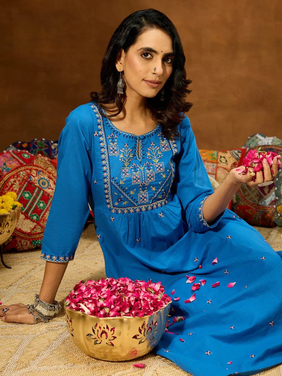 Janasya Women's Blue Pure Cotton Embroidered A-line Kurta With Pant Set