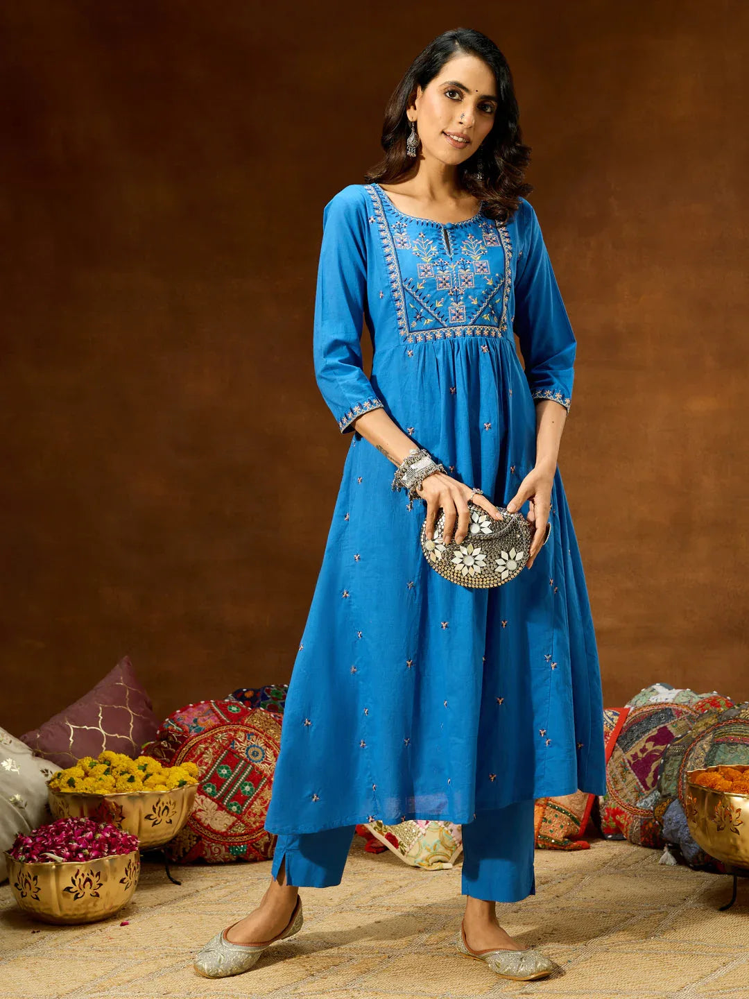 Janasya Women's Blue Pure Cotton Embroidered A-line Kurta With Pant Set