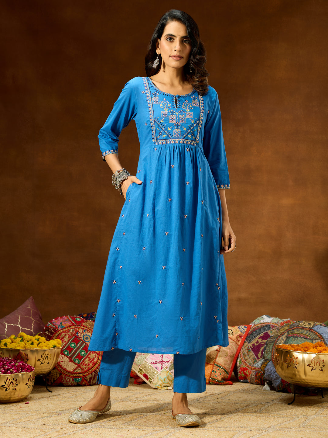 Janasya Women's Blue Pure Cotton Embroidered A-line Kurta With Pant Set - qivii