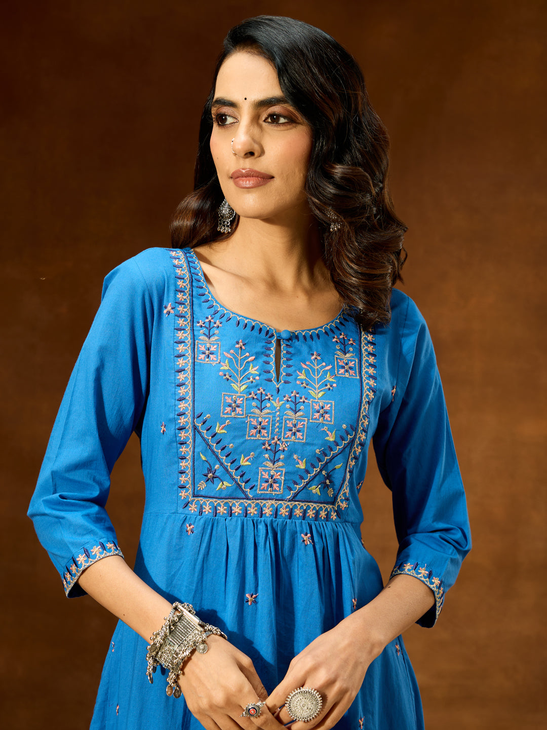 Janasya Women's Blue Pure Cotton Embroidered A-line Kurta With Pant Set - qivii