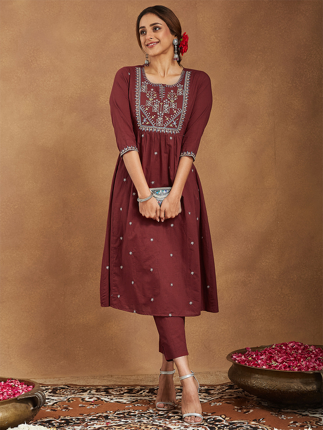 Janasya Women's Maroon Pure Cotton Embroidered A-line Kurta With Pant Set - qivii