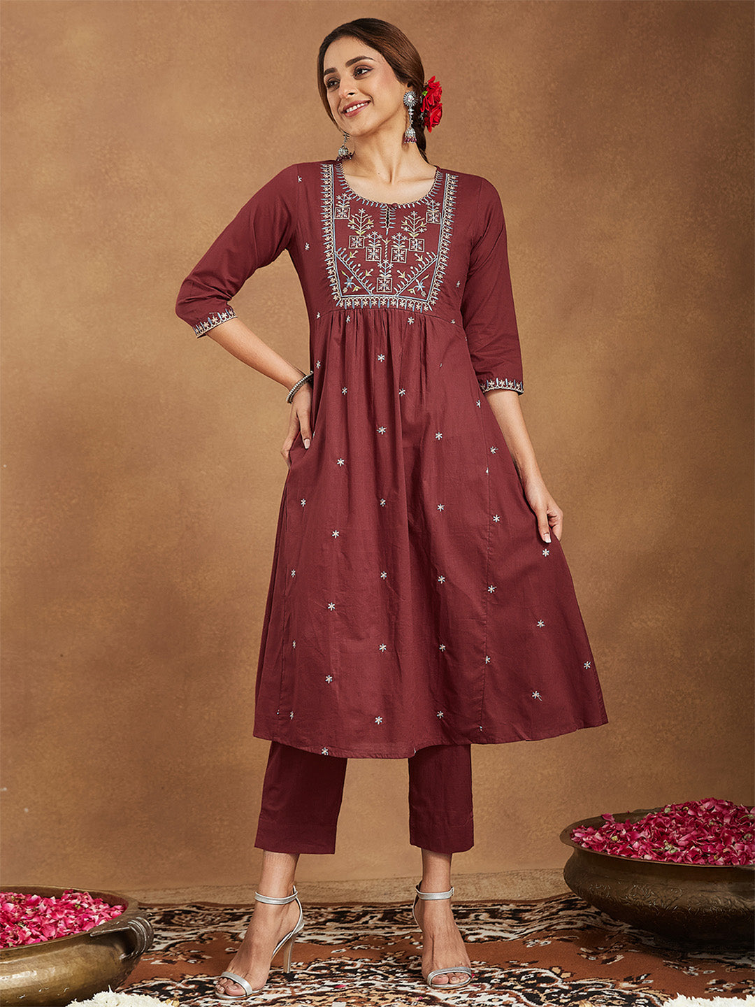 Janasya Women's Maroon Pure Cotton Embroidered A-line Kurta With Pant Set - qivii