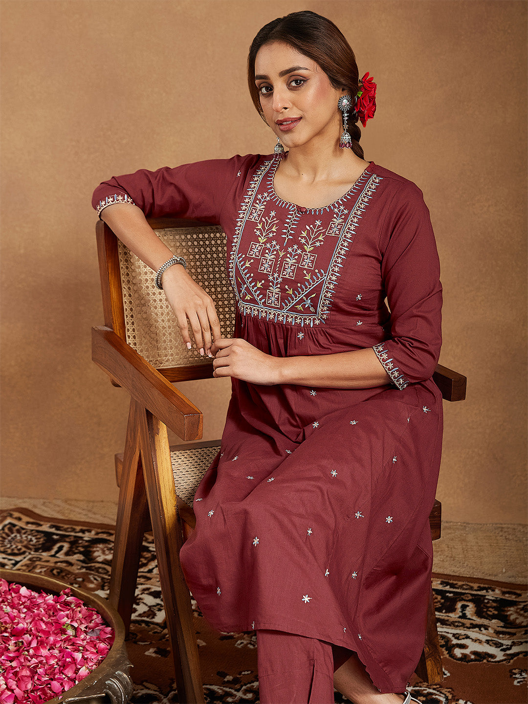 Janasya Women's Maroon Pure Cotton Embroidered A-line Kurta With Pant Set - qivii