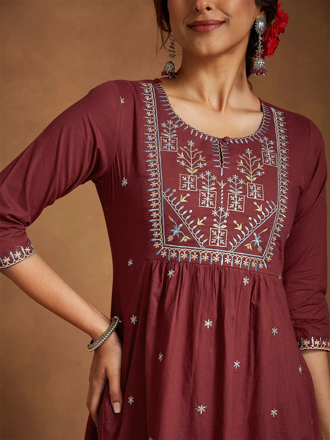 Janasya Women's Maroon Pure Cotton Embroidered A-line Kurta With Pant Set