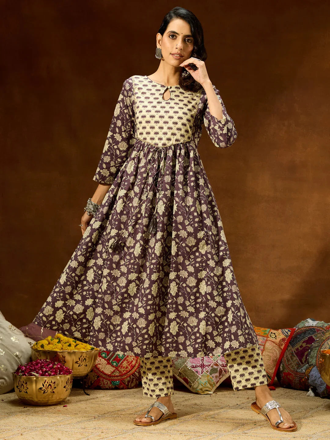 Janasya Women's Purple Pure Cotton Floral Printed A-line Kurta Pant Set