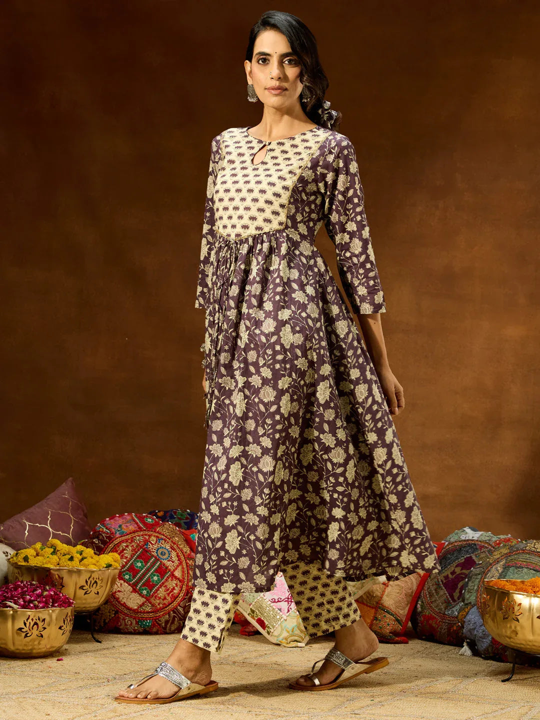 Janasya Women's Purple Pure Cotton Floral Printed A-line Kurta Pant Set