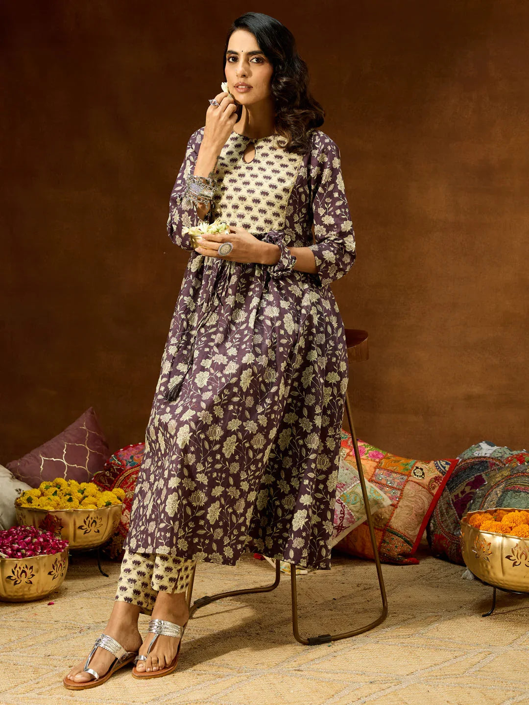 Janasya Women's Purple Pure Cotton Floral Printed A-line Kurta Pant Set