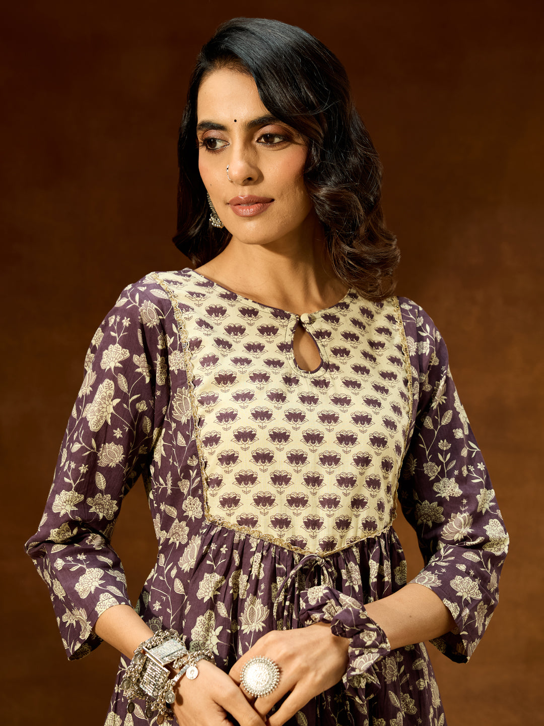 Janasya Women's Purple Pure Cotton Floral Printed A-line Kurta Pant Set - qivii