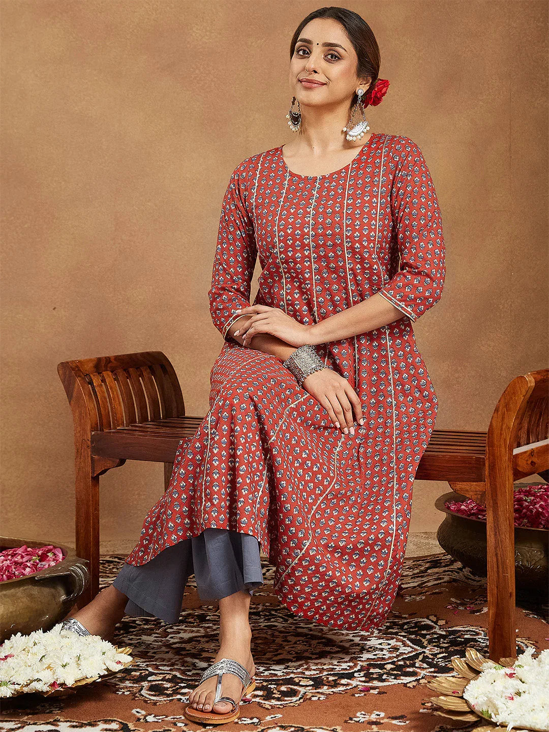Janasya Women's Red Pure Cotton Floral Printed Anarkali Kurta With Palazzo Set