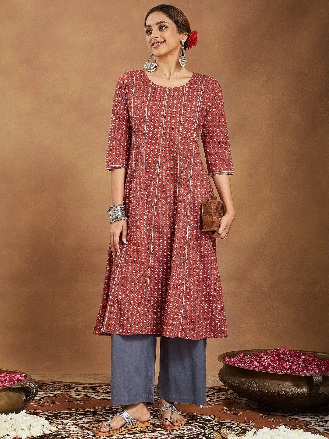 Janasya Women's Red Pure Cotton Floral Printed Anarkali Kurta With Palazzo Set