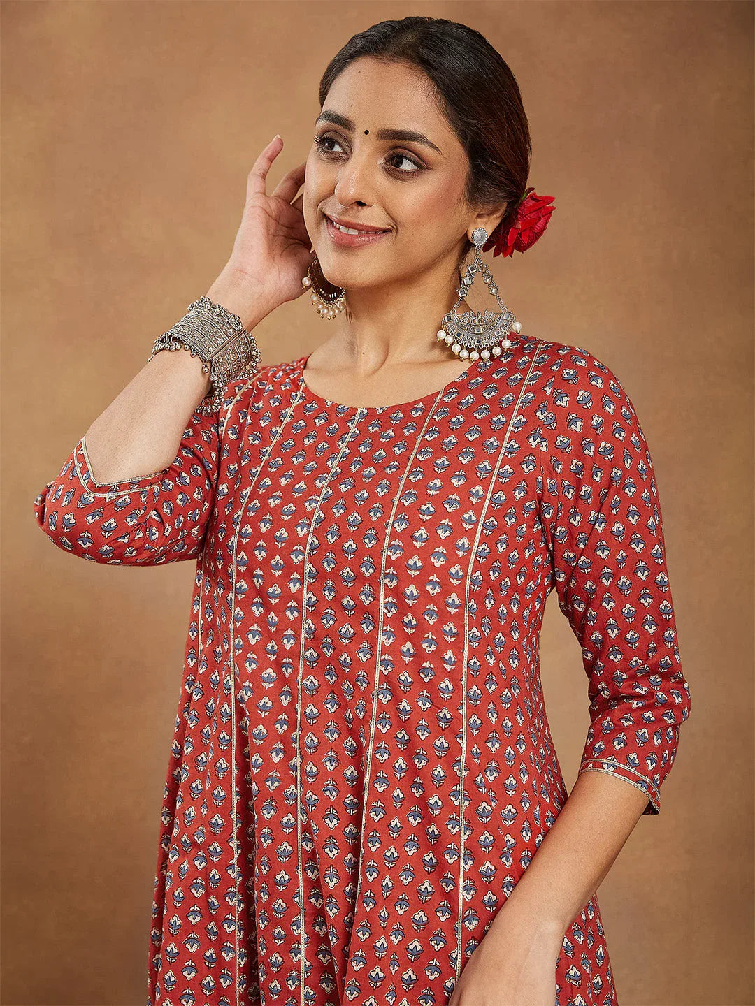 Janasya Women's Red Pure Cotton Floral Printed Anarkali Kurta With Palazzo Set