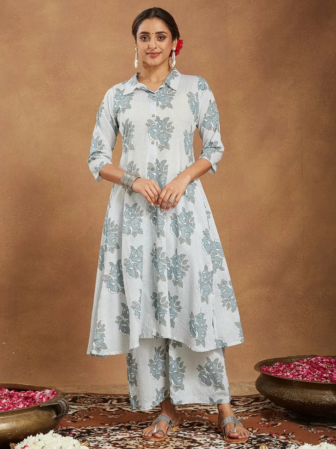 Janasya Women's White Pure Cotton Floral Printed A-line Shirt Style Kurta With Pant Set
